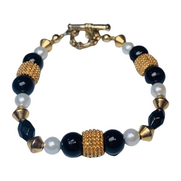 Womens White Pearl Black Beaded Vintage Gold Tone Tennis Bracelet 7.5” - Picture 3 of 6